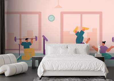 gym interior with people doing sport exercises, yoga, breakdance and fitness. concept of healthy lif Wall mural