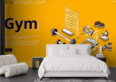 Gym isometric landing page, fitness equipment and stuff treadmill, barbell and dumbbells, empty room for workout training on yellow background, 3d vector illustration in line art style, web banner Wall mural