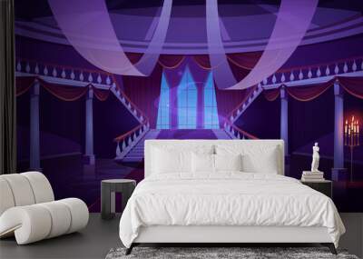 Hall interior with ghost in medieval royal castle at night. Vector cartoon illustration of empty hallway in baroque palace with stairs, balustrade, glowing candles and mystical fog Wall mural