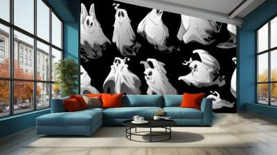 Halloween set with ghost characters with different emotions isolated on black background. Vector cartoon illustration of flying white phantom, spooky spirit smiling, scare, happy, surprised and angry Wall mural