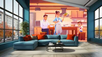 Happy family eating breakfast together at home. Vector cartoon illustration of kitchen interior with furniture and fridge, woman serving meal to son and husband sitting on chairs, healthy nutrition Wall mural