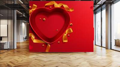 Heart shaped open gift box, red empty present package with golden satin ribbons and pearls, realistic vector illustration top view isolated on scarlet background, valentines day sale, love celebration Wall mural