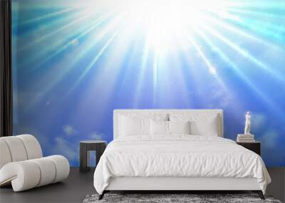 Heaven with sun light rays or beams bursting from clouds in blue sky. Spiritual religious background. Realistic tranquil cloudscape view, beautiful skyey paradise backdrop, 3d vector illustration Wall mural