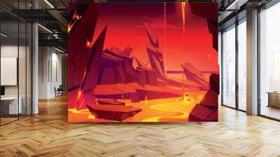 Hell background with lava in cave. Fantasy landscape with fiery magma flows in mountains. Scary scene with lava river in rocks crack, vector cartoon illustration Wall mural