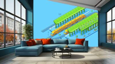 High-speed train banner with isometric railway station, express and empty platform. Vector landing page with modern fast passenger train on rail track and terminal building Wall mural