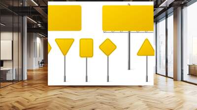 Highway yellow road signs, blank signage boards on steel poles pointing city traffic direction, empty round, rectangular, hexagon panels isolated on white background, Realistic 3d vector illustration Wall mural