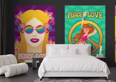 Hippie peace and love posters, woman gesturing, girl in rainbow glasses and flower wreath and man playing guitar on floral background. Happy smiling people in retro clothes on field Cartoon vector set Wall mural