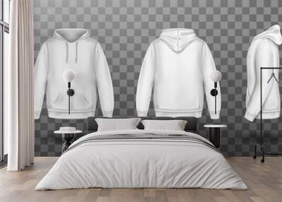 Hoody, white sweatshirt mock up front side back view set. Isolated hoodie with long sleeves, kangaroo muff pocket and drawstrings. Sport, casual or urban clothing fashion, Realistic 3d vector mockup Wall mural