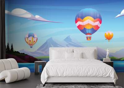 Hot air balloon in sky above the sea water cartoon scene background. Aircraft adventure with lake and mountain view landscape. Flying festive journey near ocean shore horizontal game illustration Wall mural