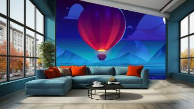 Hot air balloons flying in night sky cartoon background with separated 2d layers ready for game animation. Mountains valley with pond and field, scenery nature landscape, Parallax effect vector scene Wall mural