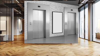 Hotel elevator mockup. Lift and tv led screen in lobby. 3d building hallway interior and empty digital television monitor. Blank steel closed entrance area perspective banner. Realistic indoor gate Wall mural