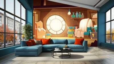 House attic with old furniture, dust flying in air, cartoon vector background. Attic interior in wooden house with round window under roof, day sunlight on floor, wardrobe, chair and storage boxes Wall mural