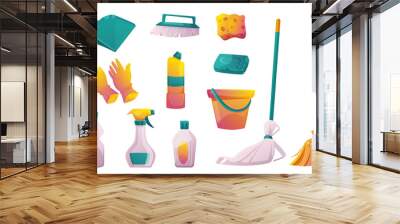 House cleaning equipment, brooms, brushes, soap,gloves and household chemicals in bottles and spray. Tools for clean, wash and sweep at home isolated on white background, vector cartoon set Wall mural