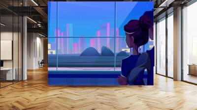 Husband and wife couple standing near window at night back view cartoon illustration. Adult woman and man looking for evening neon urban cityscape with skyscraper. Boyfriend hug girlfriend character Wall mural