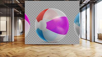 Inflatable beach ball for play in water, swim pool or sea. Vector realistic set of striped clear rubber beachballs with different colors isolated on transparent background Wall mural