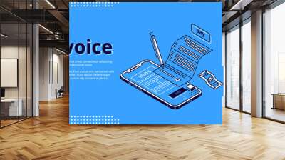 Invoice isometric landing page. Large bill for tax or service payment and smartphone screen with interface. Shopping, banking, accounting paycheck, smart technologies 3d vector line art web banner Wall mural