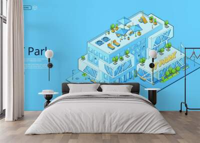 IT park banner with isometric modern business office building. Vector landing page of technopark, workplace for engineers and programmers teamwork for software and technologies development Wall mural