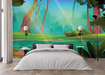 Jungle forest with swamp. Game background with summer landscape of tropical woods with lake or pond, green grass, trees and bushes, vector cartoon illustration Wall mural