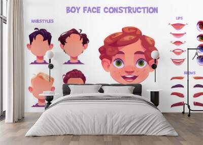 Kid boy face construction kit. Cartoon facial parts for creation child avatar with different noses, eyes and brows, hairstyles. Vector illustration of caucasian skin head elements for face generator. Wall mural