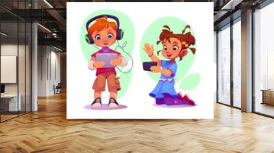 Kids using gadgets isolated on white background. Vector cartoon illustration of girl having video call on smartphone, boy in earphones playing game on tablet, smart technology for education and fun Wall mural