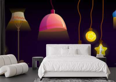 Lamps, ceiling and floor glowing electric bulbs, incandescent modern light equipment, lightbulbs, torchere of different shapes and design isolated on black background. Cartoon vector illustration, set Wall mural