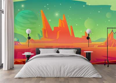 Landscape of Mars surface with colony base. Vector cartoon futuristic illustration of alien red planet surface with dome building, mountains, moon and stars in sky. Galaxy exploration and colonization Wall mural