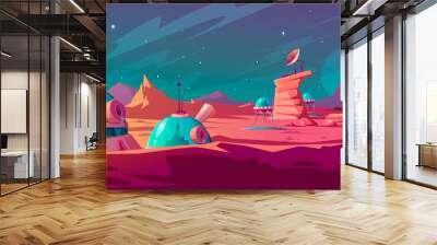 Landscape of Mars surface with colony buildings. Astronaut base on red planet. Vector cartoon futuristic illustration of space colonization, cosmos exploration concept. Space station in alien galaxy Wall mural