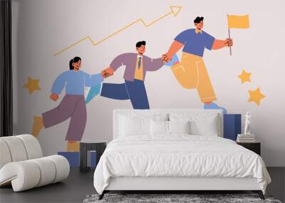 Leadership concept with people climbing up on top of graph together. Vector flat illustration of leader with flag holding hands with team and climb on rising chart Wall mural