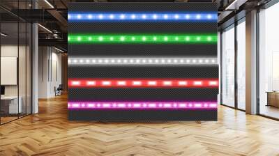 Led strips with neon glow effect isolated on transparent background. Vector realistic set of colored light stripes, glowing tape with red, green, blue and white lamp and diode bulbes Wall mural