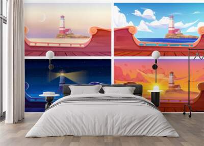 Lighthouse island view from old wooden ship board at night and day time. Vector cartoon illustration of nautical tower on rocky land, beautiful sunrise and sunset over sea water. Game adventure voyage Wall mural