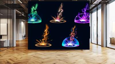 Lightning hit ground or floor with burst vfx effect, light ball and smoke clouds. Cartoon vector illustration set of colorful thunder bolt with flash and power energy splash for game ui design. Wall mural