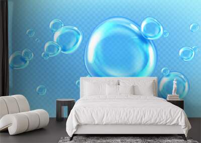 Liquid drops or air bubbles in water isolated on transparent background. Vector realistic set of clean rain droplets, blue pure balls of clear aqua, 3d shiny dew or tears Wall mural