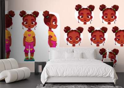 Little black girl cartoon character for animation front, side and rear view. African baby constructor and emotions set, cute toddler face expression sad, happy, cry and angry, Vector illustration Wall mural