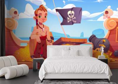 Little boy pirate stands on wooden deck of ship with treasure chest and pile of golden coins and jewelry, cannon and black flag with skull in open sea. Cartoon vector illustration of corsair with kid. Wall mural