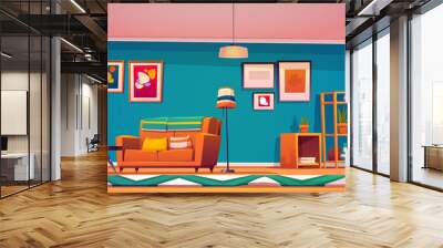 Living room interior in boho style with blue wall, sofa, coffee table and plants on shelves. Vector cartoon illustration of bohemian lounge with carpet and armchair with bright geometric design Wall mural