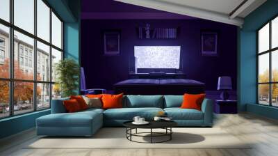 Living room interior with rear view to sofa, chair and glowing tv screen at night. Vector cartoon illustration of lounge room with couch, plasma television and bookshelves Wall mural