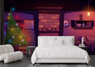 Living room with Christmas tree, fireplace and sofa at night. Vector cartoon illustration of home interior with New Year decoration, Xmas fir with silver balls and garland Wall mural