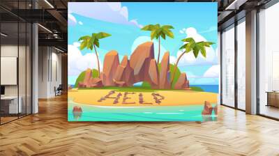 Lost island in ocean with alone castaway person asking for help. Vector cartoon sea landscape witn tropical island with palms, rocks and sand beach with bonfire. Wall mural