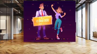 Lucky girl win lottery jackpot. Happy winner and man holding bank check for million dollars. Vector cartoon illustration of gambling game with huge money prize in casino Wall mural