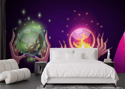 Magic crystal fortune ball float in woman hand. Glass prediction globe and future predict teller cartoon icon illustration. Gypsy divination wizard and seer. Mystic charm glow with skull and fire Wall mural