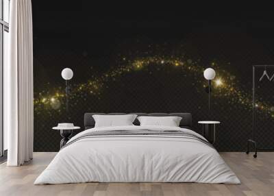 Magic gold dust trail with star shaped sparkles on dark transparent background. Realistic vector illustration of circle and wave path of shine glitter and shimmer particles. Can be used as png. Wall mural