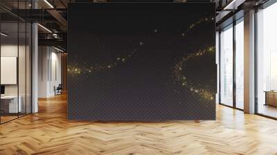 Magic gold dust trail with star shaped sparkles on dark transparent background. Realistic vector illustration of circle and wave path of shine glitter and shimmer particles. Can be used as png. Wall mural