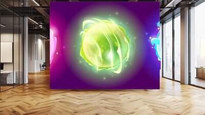 Magic neon glow ball with wave, lightning and energy light effect. abstract fantasy sphere. cartoon vector futuristic technology fireball or wizard crystal orb. Space and time game ui portal. Wall mural