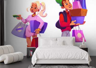 Male and female mall buyer characters with shopping bags and boxes. Cartoon vector illustration set of man and woman purchase products and gifts in shop. Market customer holding paper packages. Wall mural