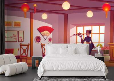 Man and waitress in chinese or japanese restaurant. Vector cartoon illustration of customer and girl in kimono with tea in china cafe interior with wooden furniture, red asian lanterns and fan on wall Wall mural