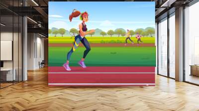 Man and woman run on stadium track in park vector. Sport marathon line for runner competition. People training on racetrack arena cartoon background. Outdoor olympic sprint contest illustration Wall mural