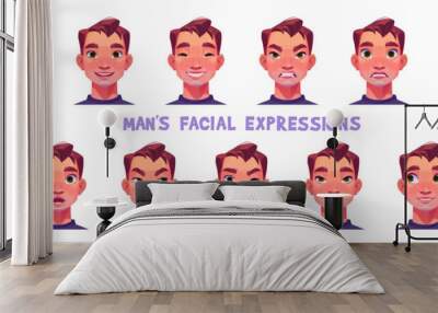 Man character face with sad, happy and angry facial expression. Male avatar with different emotions, smile, upset, surprise, anger, laugh and wink, vector cartoon set Wall mural