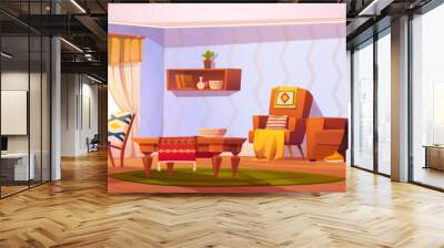 Man reading book of sofa in house living room vector background. Bohemian livingroom lounge interior with table, chair, couch and carpet inside retro flat with male character graphic illustration. Wall mural