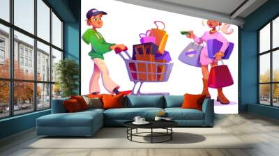 Man with shopping cart. Woman after mall with bag. Shopper people character buy gift in market cartoon set. Girl customer purchase package with family credit card. Isolated boy carrying trolley Wall mural