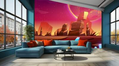 Mars landscape, alien planet sunset background, red desert surface with mountains, blue cristals and stars shine on pink sky. Martian space ground, scenery game backdrop, cartoon vector illustration Wall mural